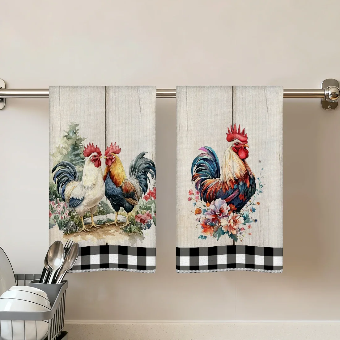 Paquete de 2 Toallas de Cocina con Estampado de Cuadros B&W Buffalo Grid, Toalla de Mano Absorbente de Tela de Rizo de Poliéster para Cocina, Baño y Decoración del Hogar