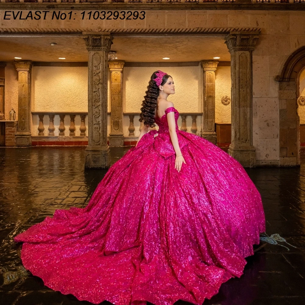 فستان Quinceanera أرجواني مكسيكي مخصص من EVLAST فستان حفلة لامع مزين بالخرز مشد حلو 16 فيستدو دي 15 أنوس E1Q132