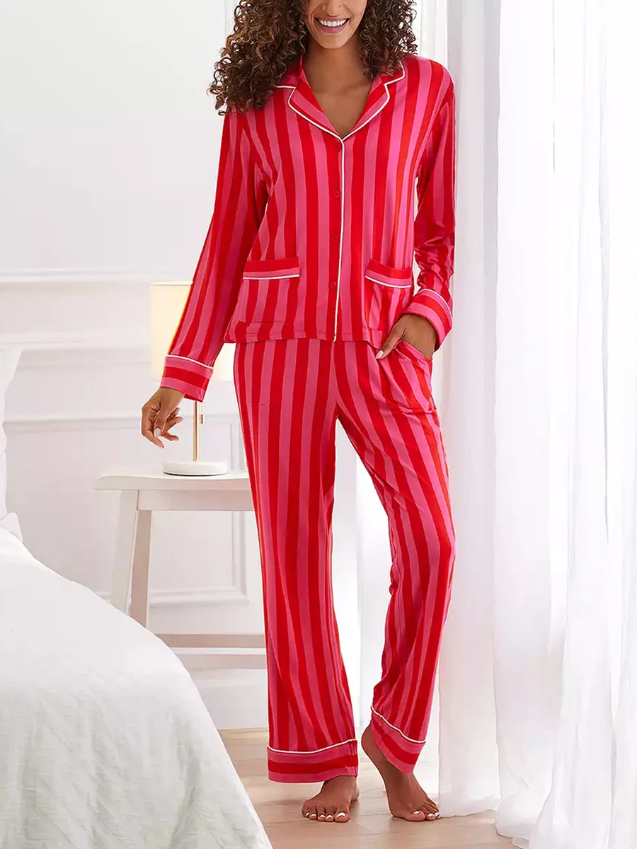 Cozy Striped Print Pajama Set For Women 2 Pcs Lounge Pjs Long Sleeve Button Shirt Wide Leg Lounge Pants Set Sleepwear