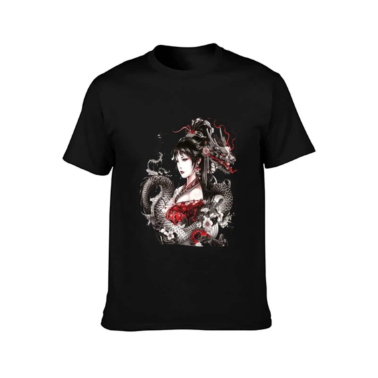 Japanese Geisha And Dragon. Tattoo Style Art T-Shirt funny t shirts man T-Shirt