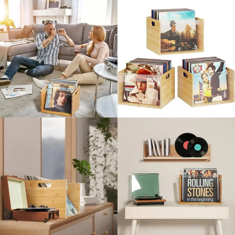 

3-Piece Vinyl Record Storage Box, Acrylic and Bamboo LP Organizer with Handle, Easy Assembly