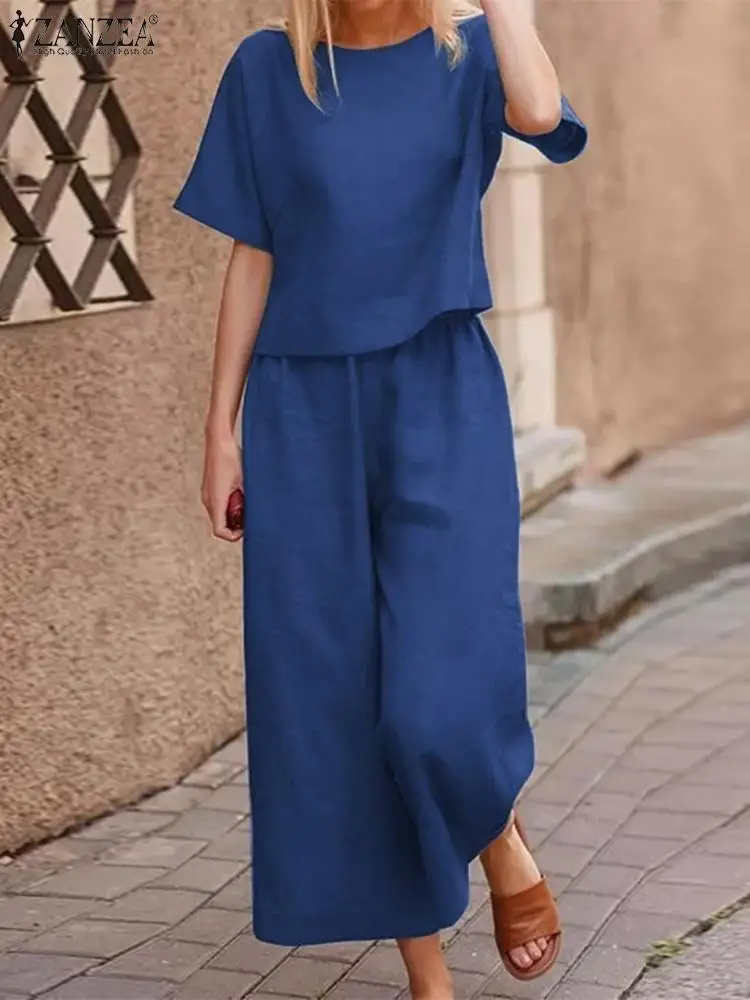 ZANZEA Fashion Women Short Sleeve Blouse Wide Leg Pants Sets 2PCS Vintage Solid Cotton Trouser Suits Loose Matching Sets Outifit