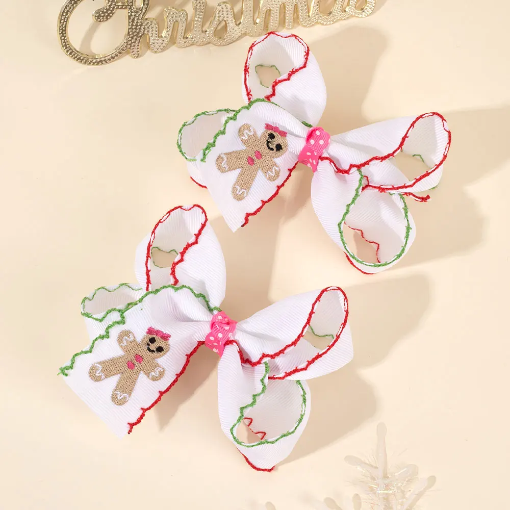 2Pcs Embroidered Gingerbread Man Hair Bow Clip Kids Christmas Party Hairpin Santa Claus Barrettes Hair Accessories New Year Gift