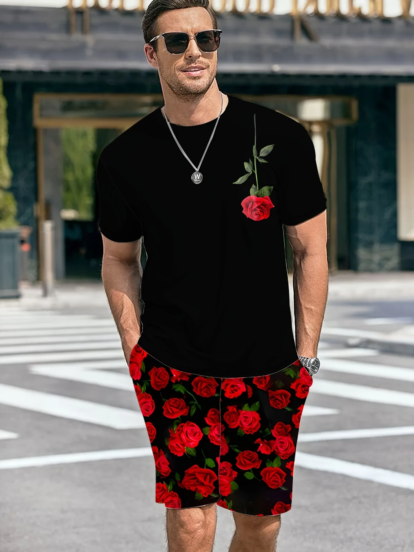 

The 2026 summer new men's short-sleeved suit features 3D trendy rose print a casual street style fashionable comfortable