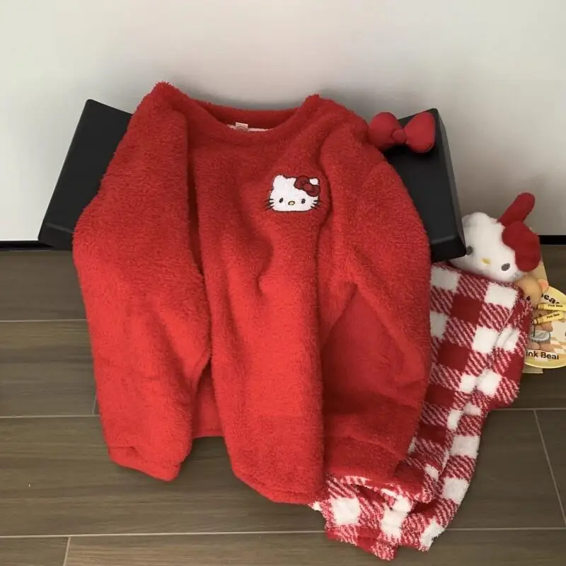 

Красные пижамы женские зимние милые полуфлисовые теплые толстые пушистые мультяшные свободные студенческие комплекты домашней одежды милый кавайный комплект ночного белья