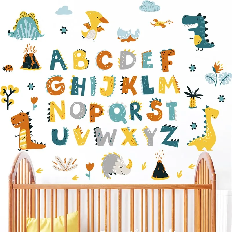 Funny Dinosaurs English Letters Wall Sticker For Kids Room Kindergarten Decoration Alphabet Mural Art Home Decal Nursery Poster