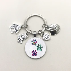 Cute Pet Dog Keychain Paw Dog Glass Cabochon KeyRing Top Dog House Charms Keychains I Love My Dog Pendant Keychain Gifts