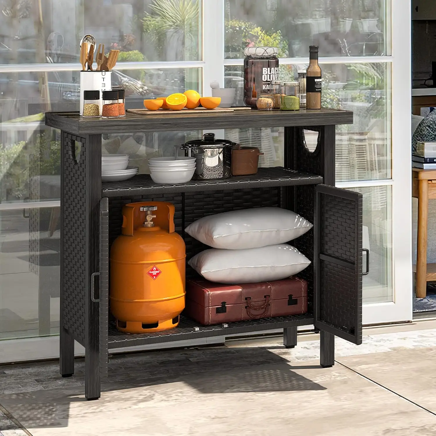 Outdoor Storage Cabinet, Patio Bar Table with Two Doors and Shelves, Weatherproof Wicker Storage Console Table ,Black