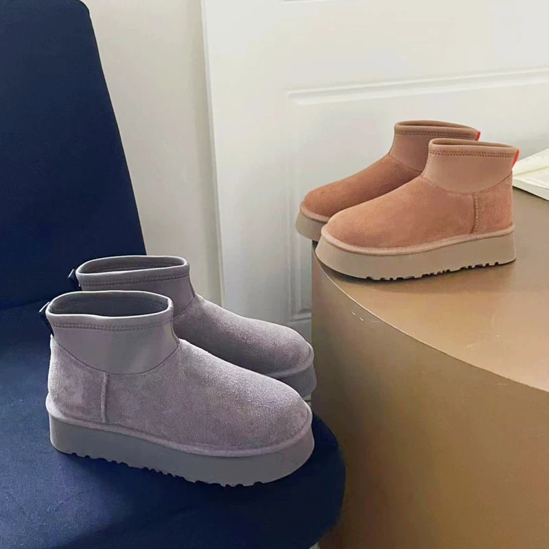 Short boots winter new thick soled snow boots women's fur integrated short tube with plush warm cotton shoes for height increase