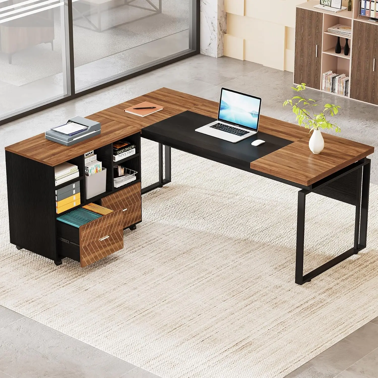L-Shaped Office Desk With File Cabinet, 2-Drawer Storage For A4/Letter Files, Home Workstation, 63