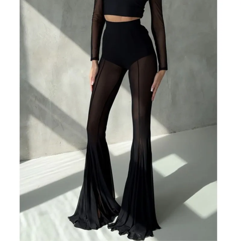 Women's Perspective Mesh Flared Pants Spring Summer Fashion Casual High Waist Elastic  Loose Holiday Club Long Pants
