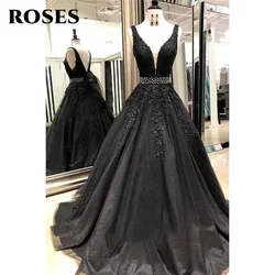 ROSES Black Appliques Formal Dress With Belt Beading Party Dress For Wedding V Neck Backless Special Occasion Dress robe soirée