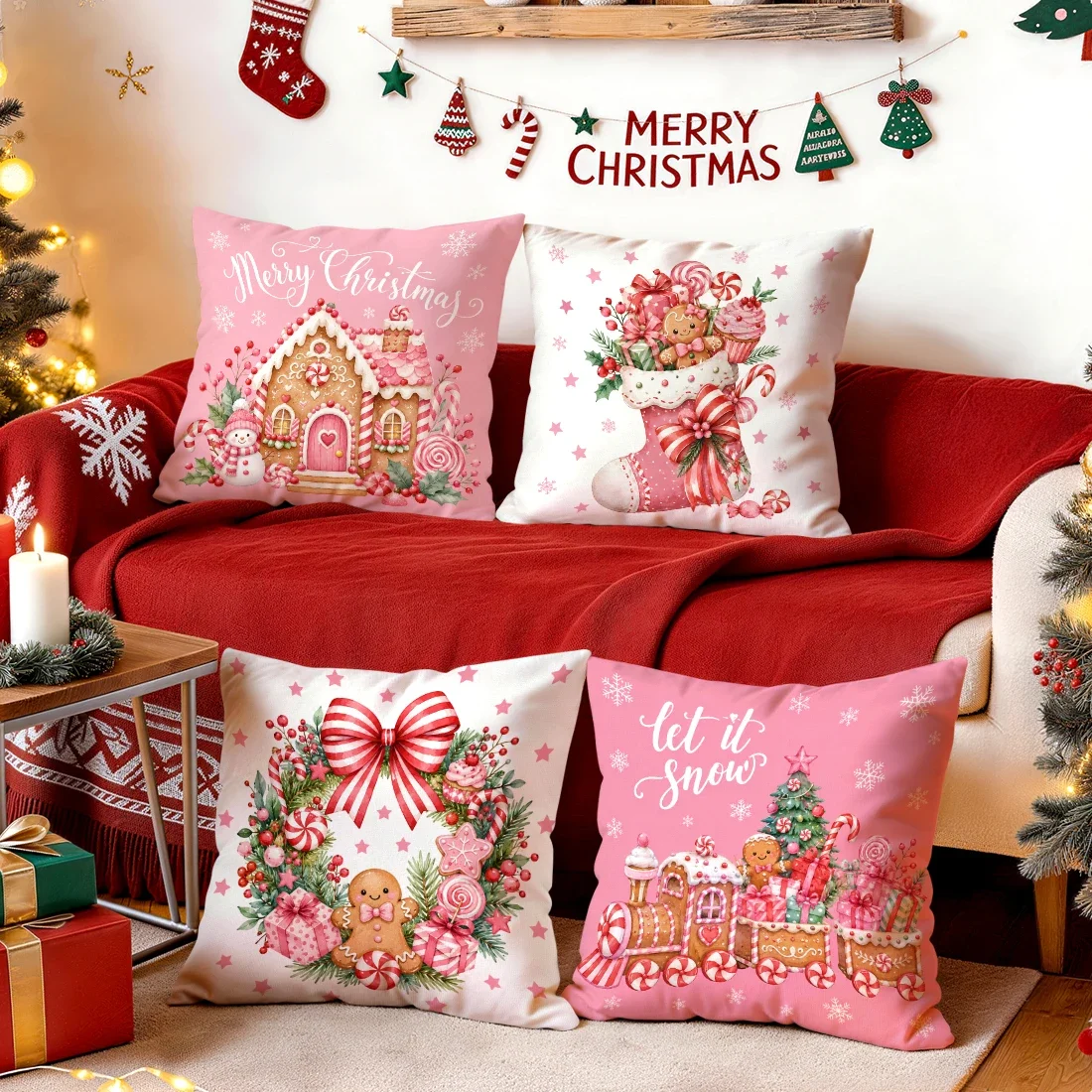 Pink Candy Christmas Gingerbread Man Cushions Pillowcase Polyester Cushion Cover Throw Pillow Pillowcover Home Car Sofa Decor