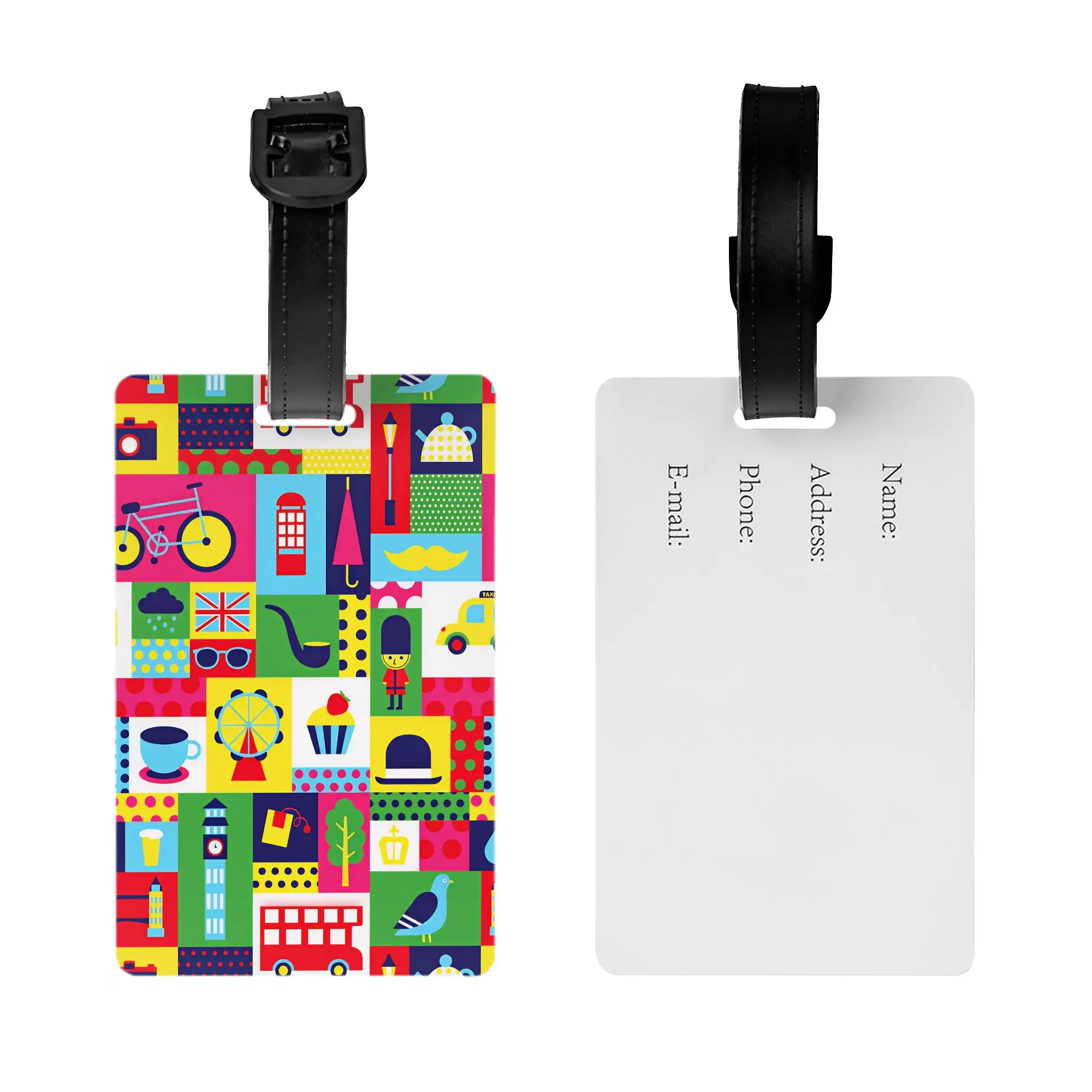 Geometric Bright Pastel London UK Travel Patchwork  Luggage Tag With Name Card  Privacy Cover ID Label for Travel Bag Suitcase