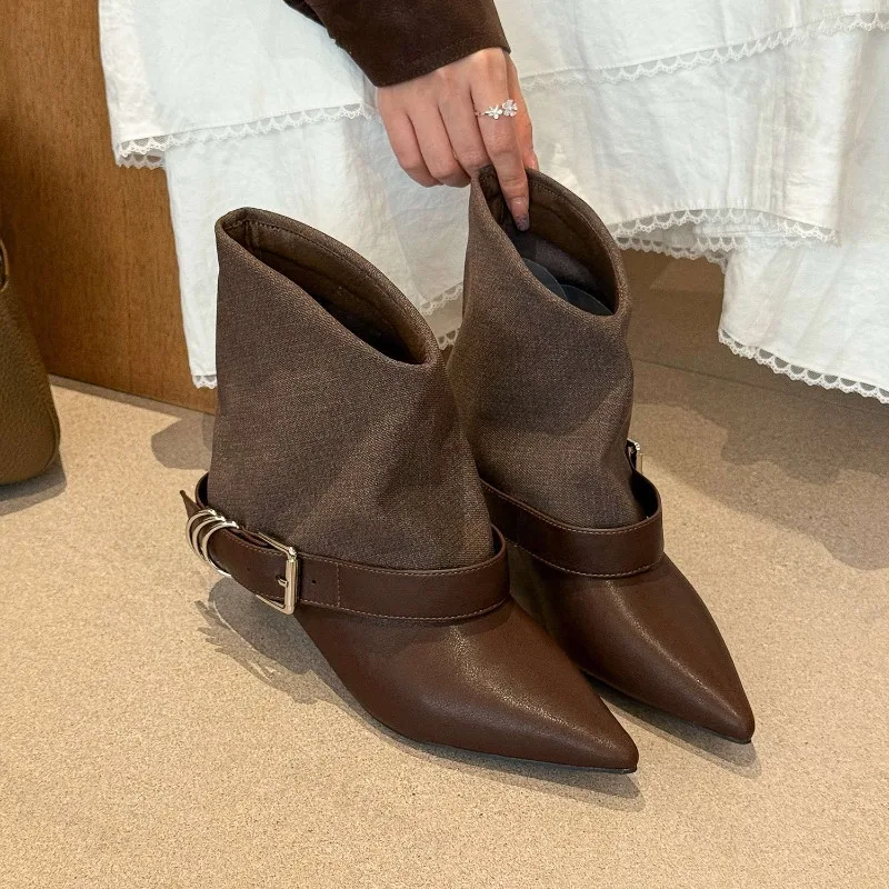 

Women's Boots Elegant Pointed Toe High Heels Shoes Winter 2025 Sexy Chelsea Boots Dress Leather Shoes Buckle Short Botas Mujer