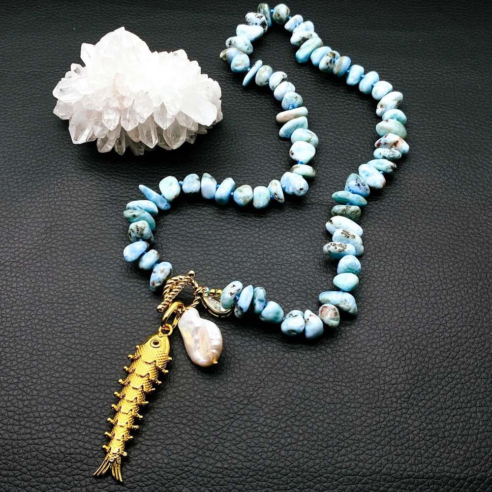 KKGEM Natural Freeform Shape Blue Larimar Strand Necklace Carved Copper Fish Pearl Pendant