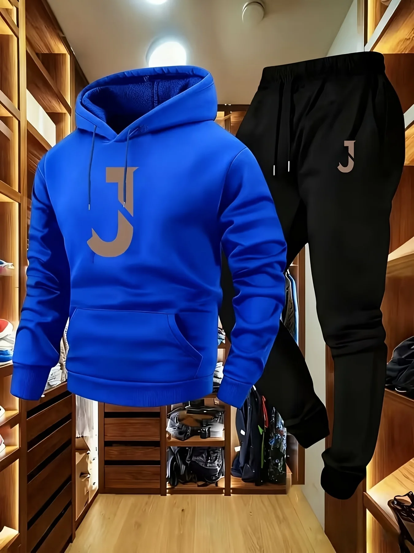 2026 Men Fall‑Winter Tracksuit, Soft Polyester Hoodie and Black Jogger Pants,  J pattern , Loose 2‑Piece Casual Outdoor Outfit view 5