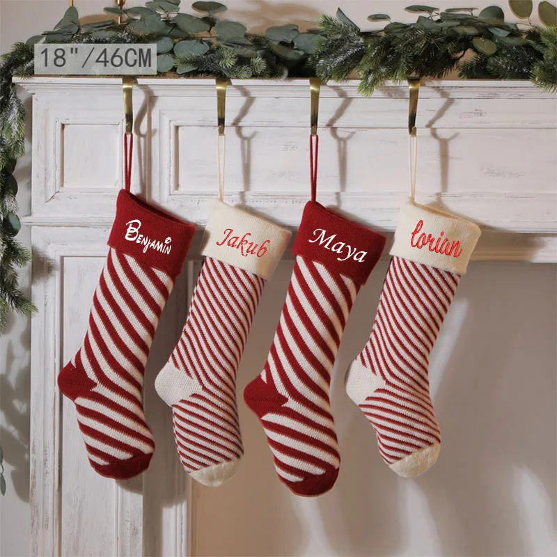 Knitted Christmas Gift Bag Decorative Socks Personalized Embroidery Name Wool Christmas Socks Pendant Diagonal Stripe Gift Bag