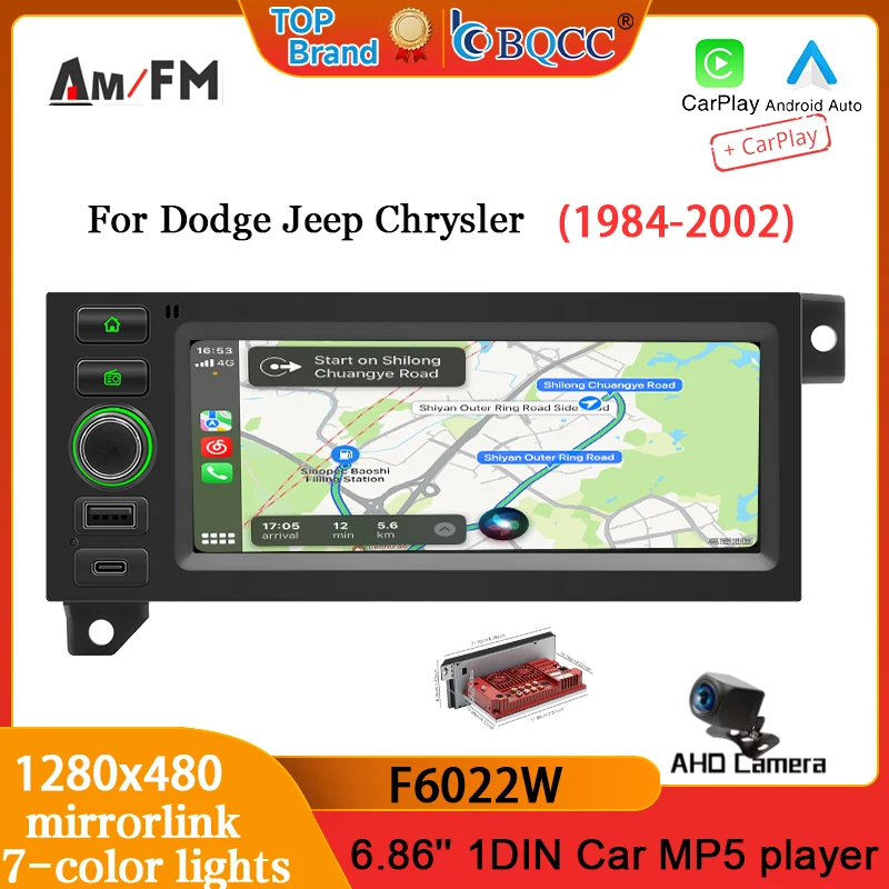 BQCC 6,86'' 1DIN MP5 Radio für Dodge Jeep Chrysler 1984-2002 CarPlay Android Auto Typ-C RDS FM AM Bluetooth Musik 7 Farbige Beleuchtung