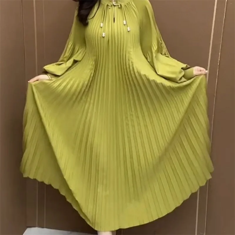 Fashion Solid Color Pleated Dress For Women Temperament Stand Collar Long Lantern Sleeve Spring Summer New Celebrity Dress J488