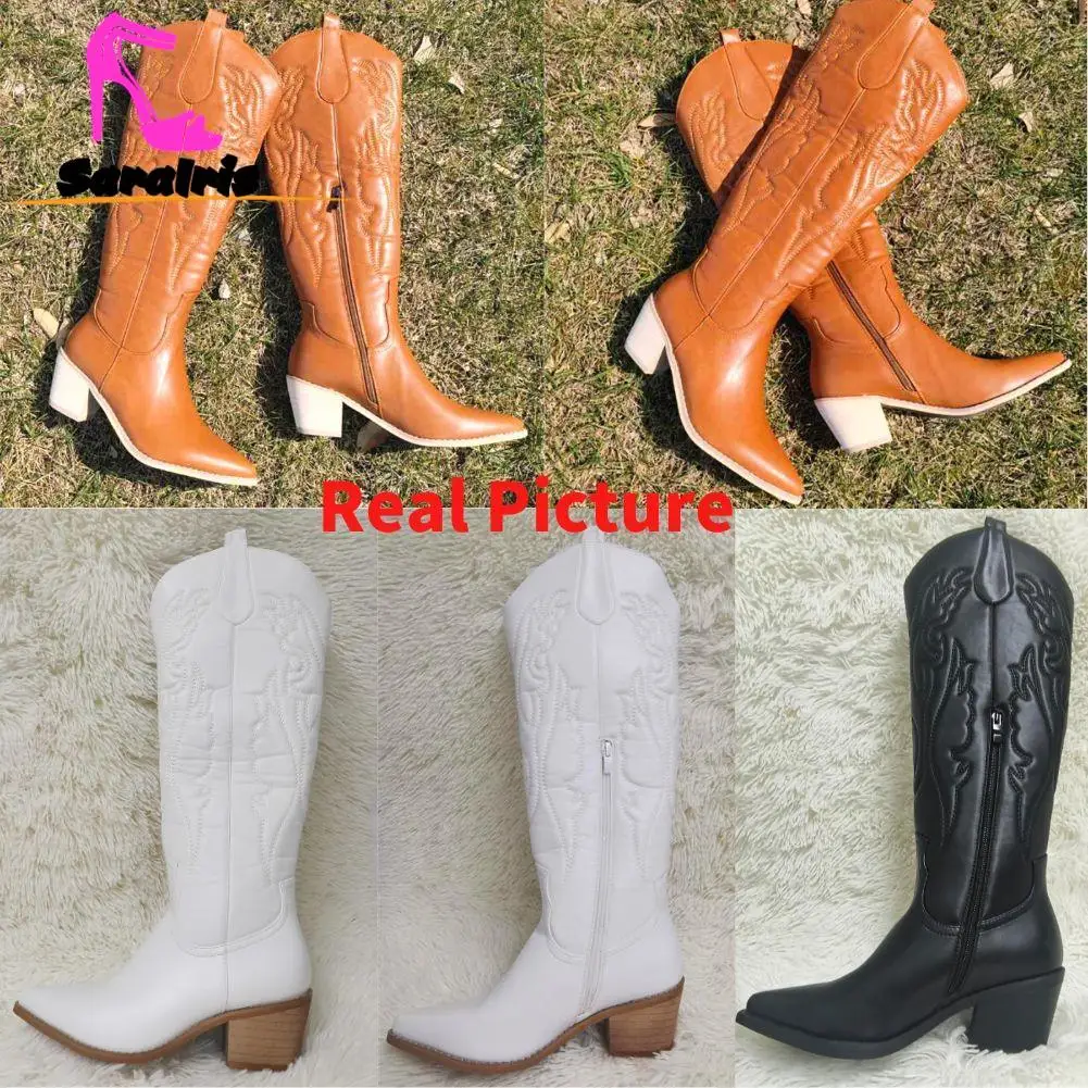 Cowgirl Western Boots 2023 Hot Fashion Pointed Toe Embroidery Vintage Style Country Knee-high Boots Retro Dress Comfort Walking