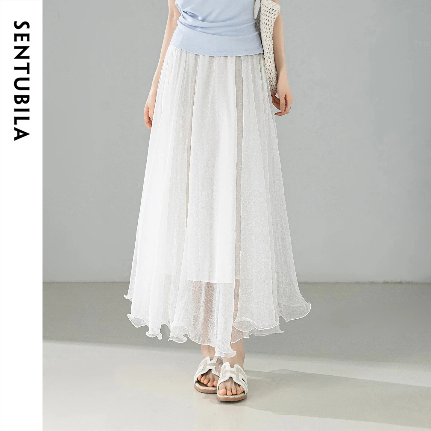 

SENTUBILA Elegant High-Waist Shimmer Chiffon A-Line Skirt 2026 Summer White Elastic Waist Mesh Skirt Women's Bottom W62QG7415