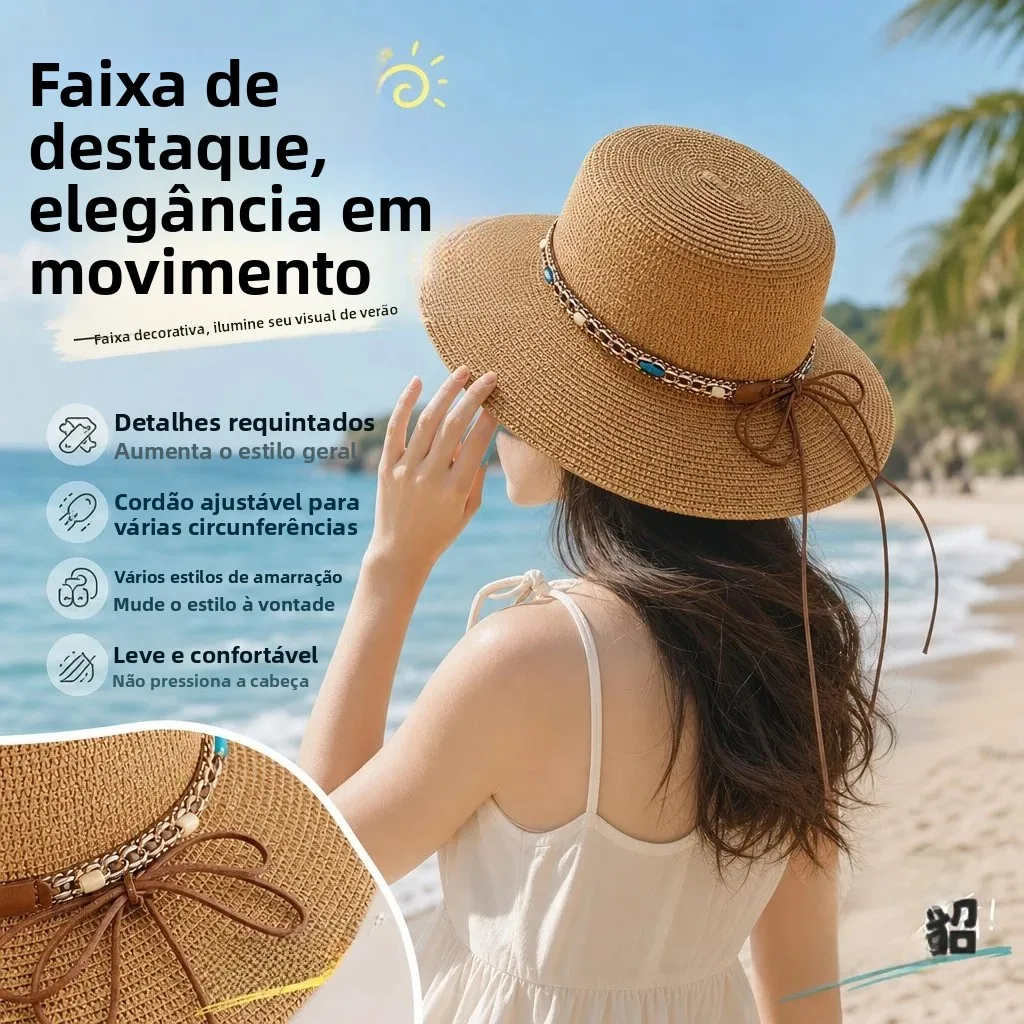 女性用、夏の旅行に最適な日よけ帽子。装飾的なリボンが付いたレトロな民族風の麦わら帽子。おしゃれなヘッドウェア。