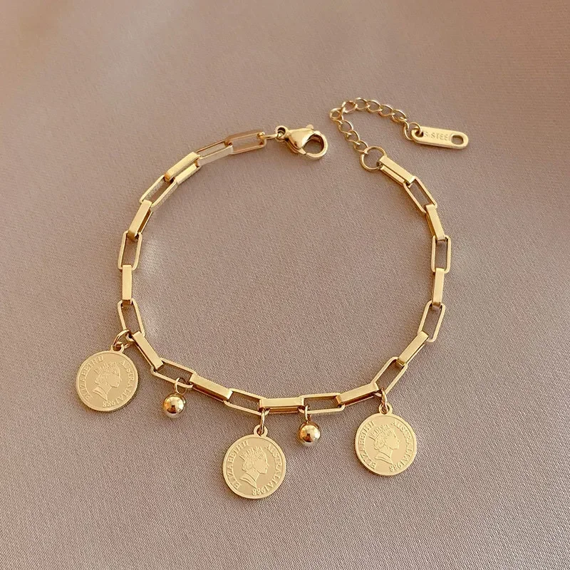 Fashion Gold-color Bracelet Ladies Simple Hip Hop Style Stainless Steel Round Sign Pendant Wide Cross Chain Jewelry Accessories