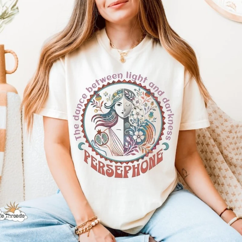 Camisa Retro de persepotel a la moda, camisa pagana feminista, ropa de bruja, diosa oscura, mitología griega, ropa de mujer, Camiseta de algodón de verano