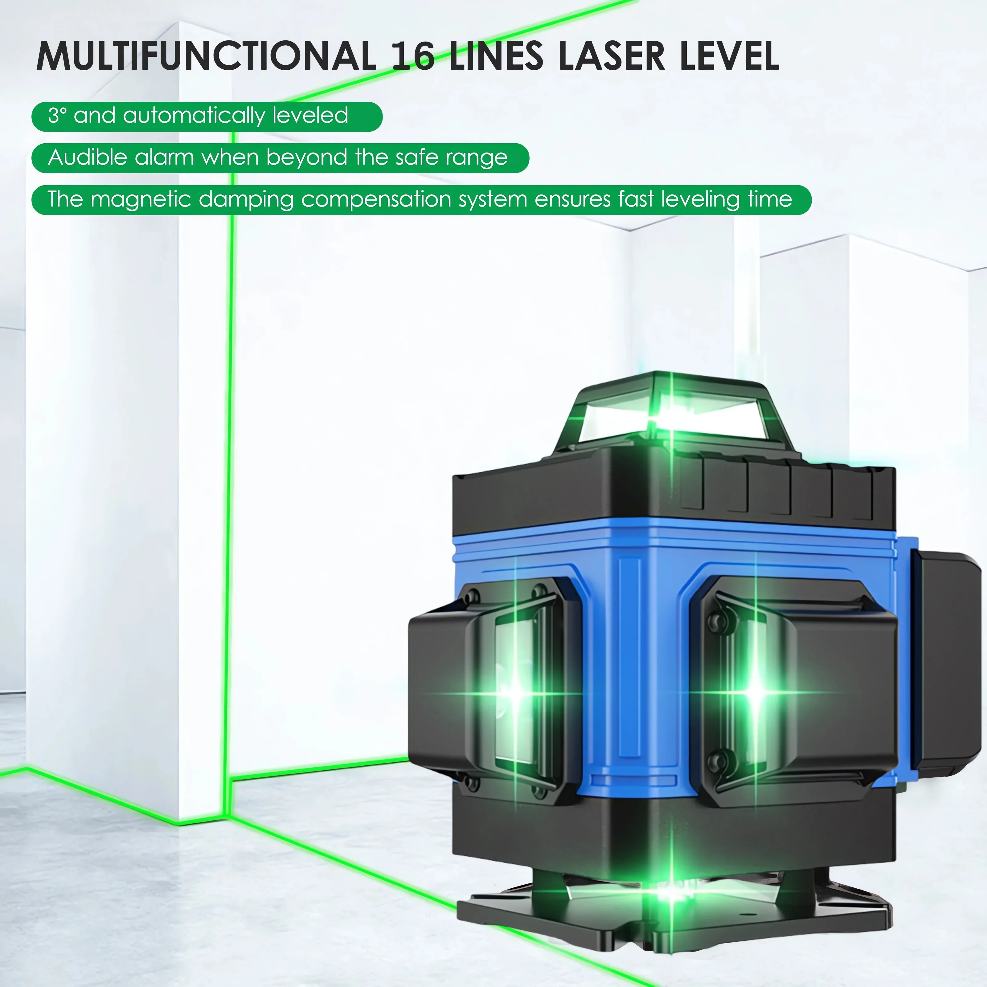 16 Line Laser Level Blue Light Selfleveling Horizontal & Vertical Lithium 3000mAh Battery High-precision Cross Line for Outdoor