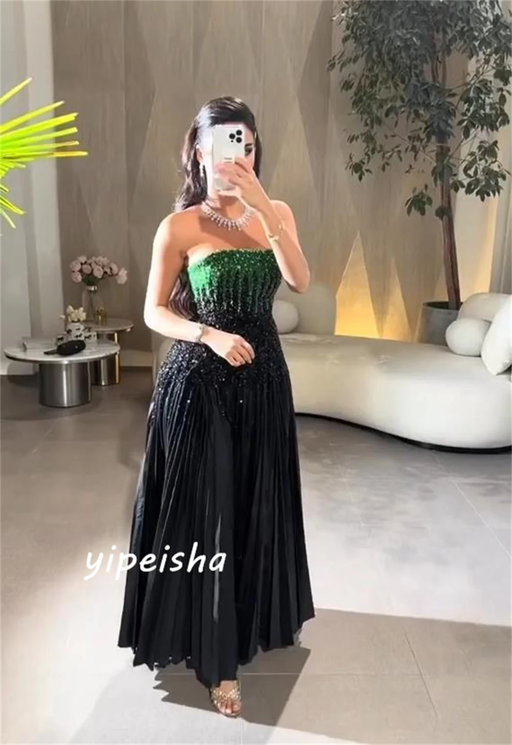 Prom Dress Saudi Arabia Yipeisha Sparkle Elegant Strapless A-line Beading Paillette / Sequins Draped Charmeuse Evening Dresses