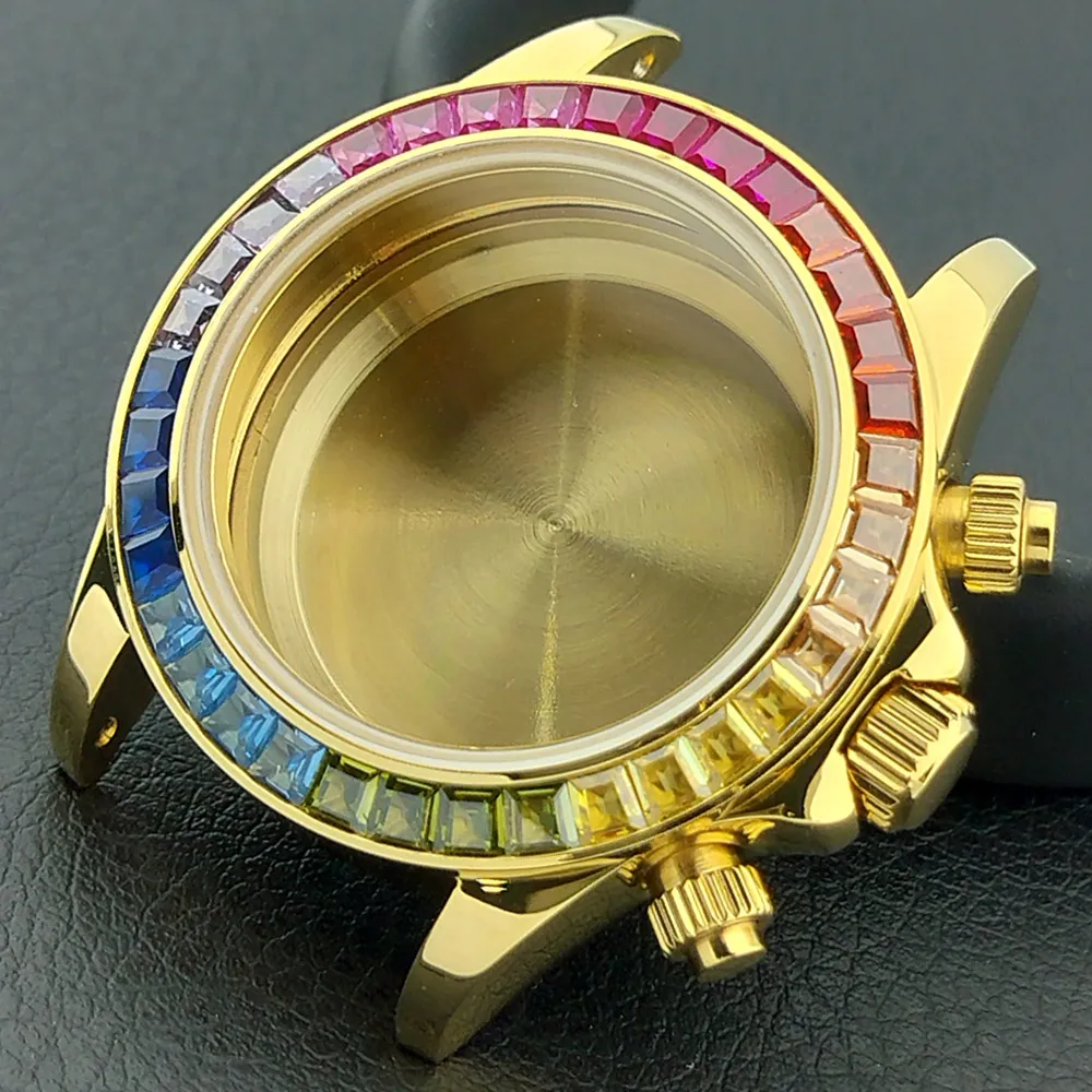 39,3-mm-Gehäuse für Herrenuhren, luxuriös, mit farbigen Strasssteinen, geeignet für das VK-63-Uhrwerk, 28,5-mm-Zifferblatt, Saphirglas, Uhrenzubehör. – Detail 4
