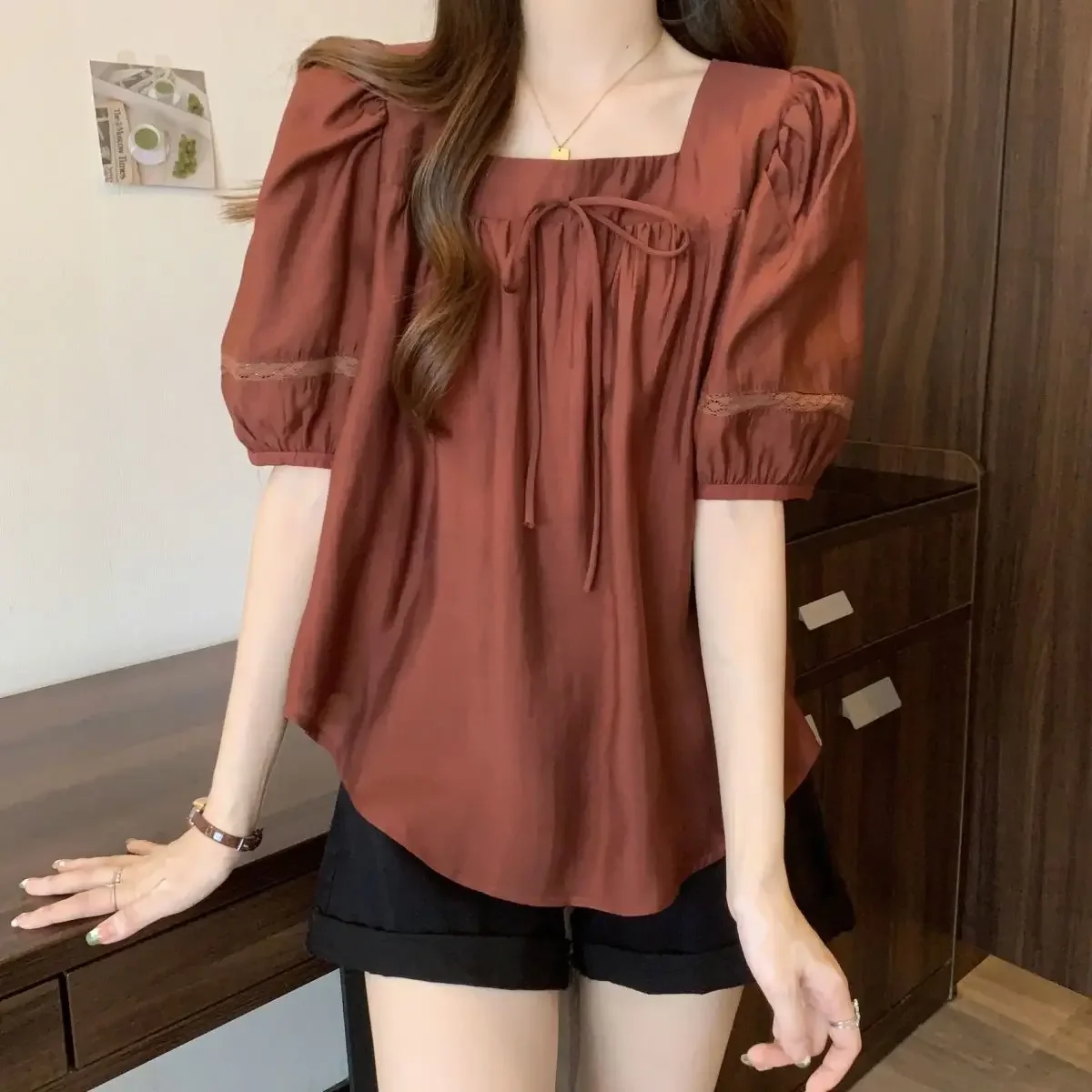 Customization Spring And Summer Large-size Women's Clothing Popular Solid Color Versatile Loose And Thin Square Neck Bow