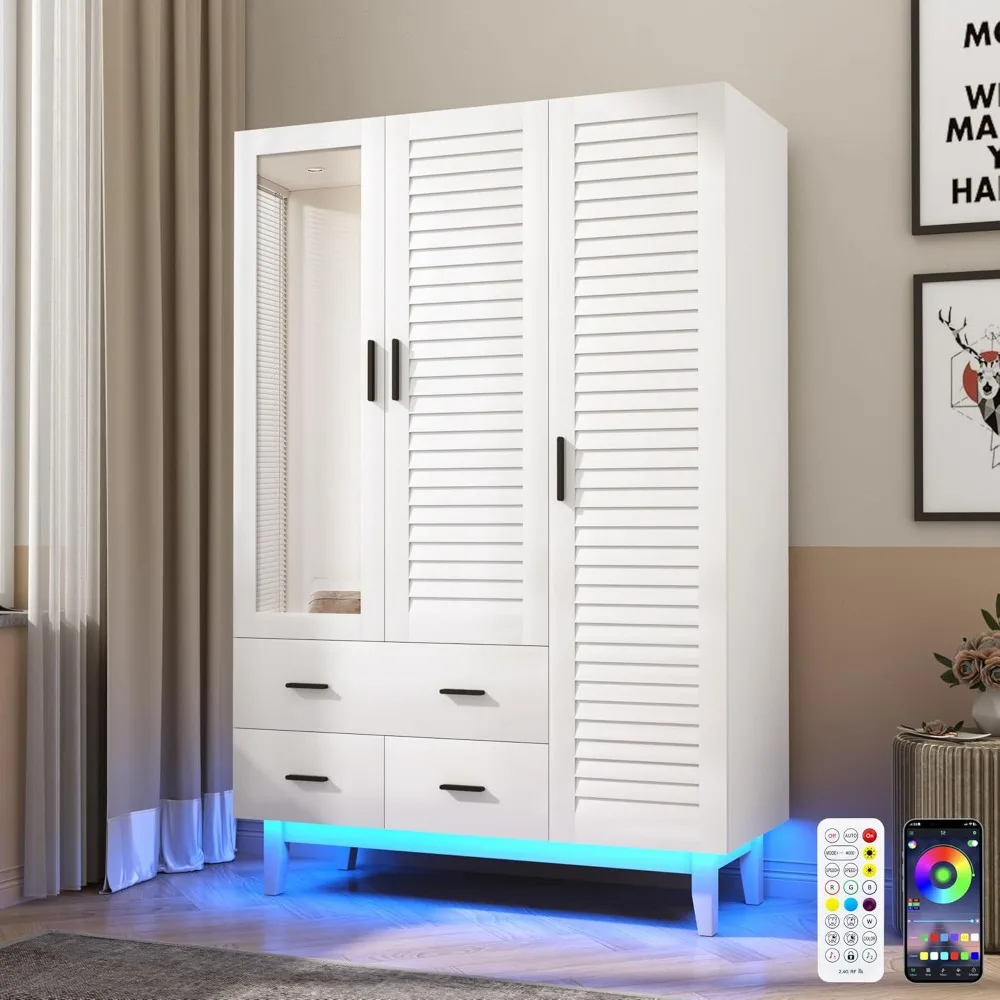 3 Door Armoire Wardrobe Closet Cabinet with Drawers and LED Lights, Multi-Tier Shelves, Hanging Rod & 3 Louver Doors, Large
