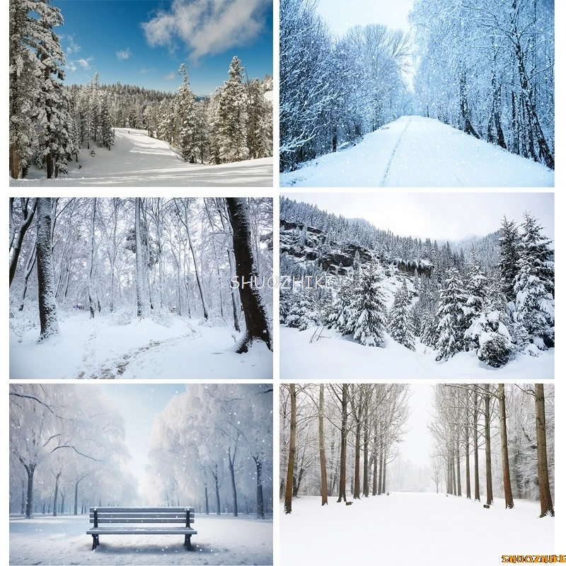 

Winter Forest Snowcovered Road Photography Backdrops Blurred Landscape Snowflakes Road Spruce Trees Photo Background XD-01