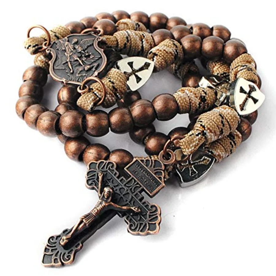 

Large and Heavy Metal Beads Red Durable Necklace with Center Pcs and Pardon Crucifix for Men