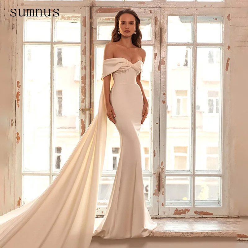 Sumnus Off Shoulder Mermaid Wedding Dress Backless Long Train Bride Dresses Soft Satin Wedding Gowns Vestidos de Novia