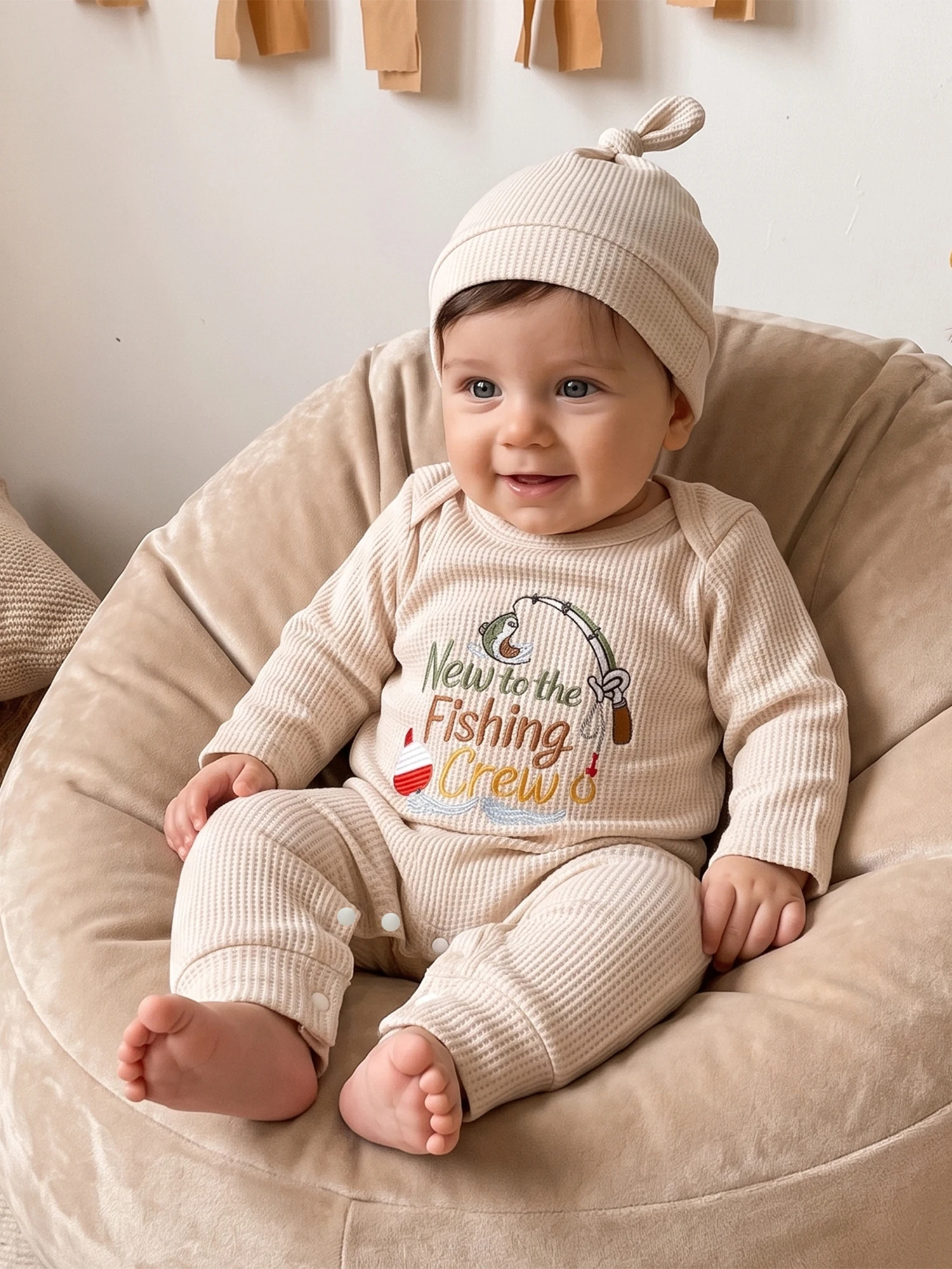 With Beanie Angling Outfit Romper With Beanie Hat Romper-With-Beanie Angling-Embroidery Embroidery Baby Boy Waffle