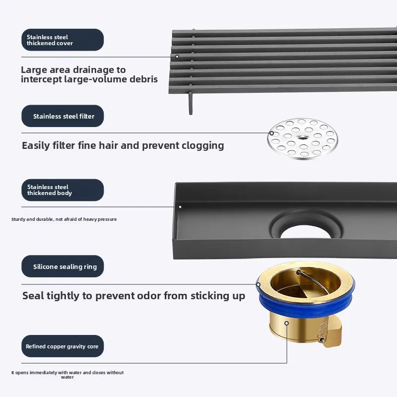 Dual-Drainage Long Floor Drain with Pull-Out Gun, Brushed Gunmetal Bamboo Finish, Hidden Dual-Drain Shower Copper Anti-Odor Core
