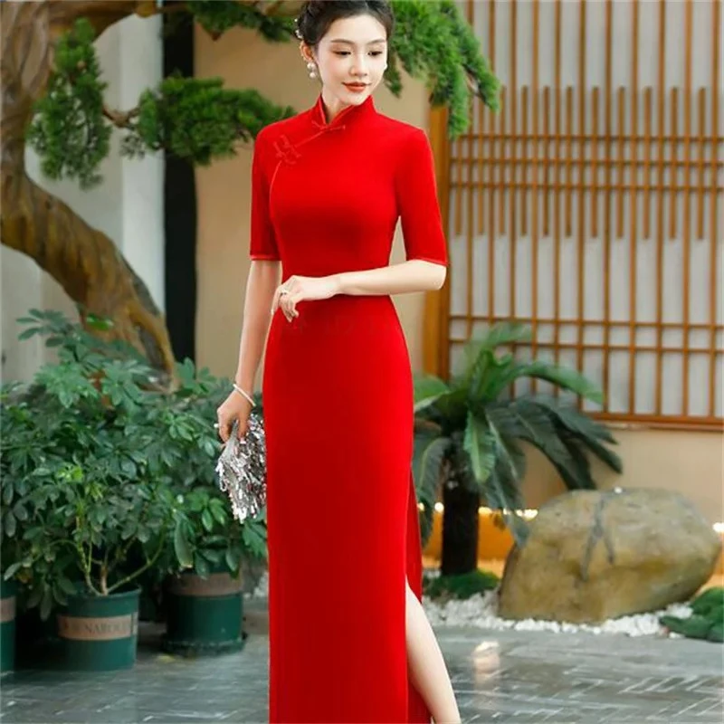 Guofeng traditional long velvet cheongsam 6XL loose version daily performance dress