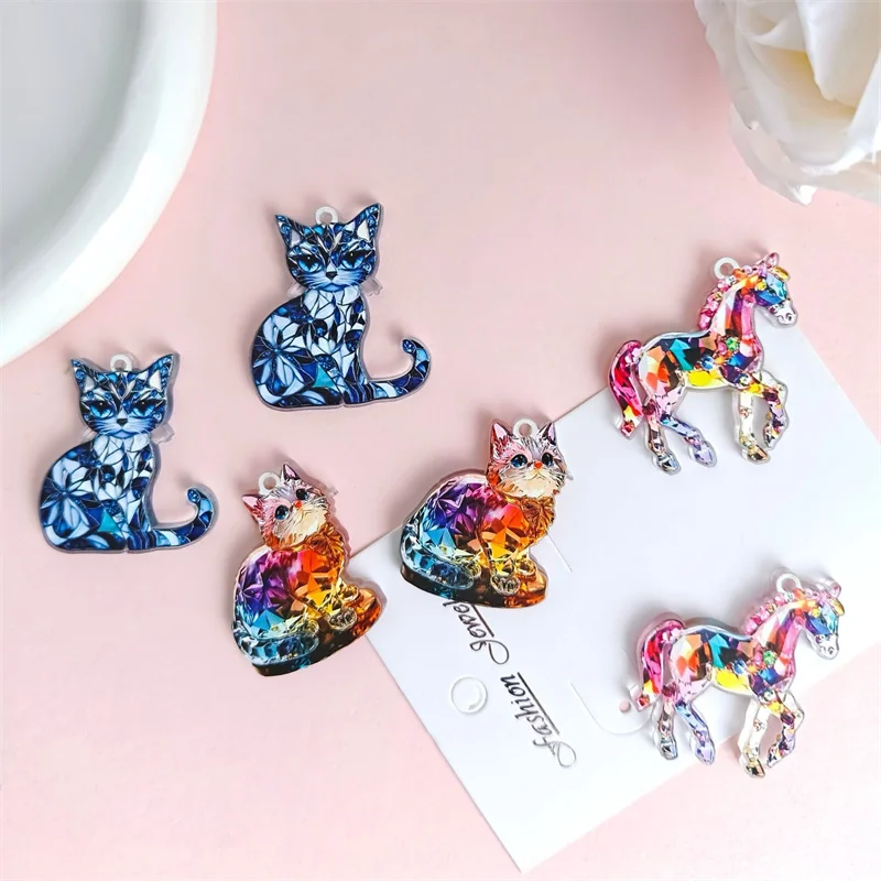 New arrived 50pcs/lot color pattern print animals cartoon cats horse shape acrylic beads diy jewelry garment pendant accessory