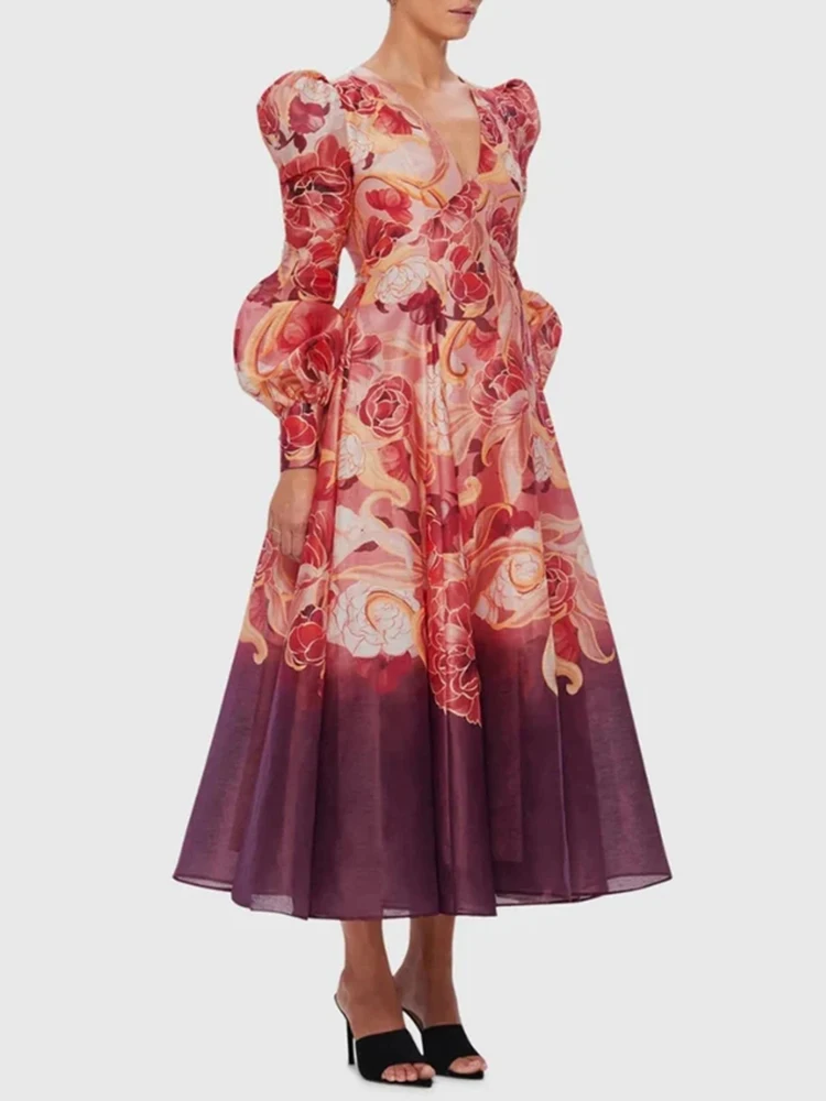 VGH Vintage Hit Color Floral Printing Dresses For Women V Neck Lantern Sleeve High Waist Temperament Formal Dress Female Style