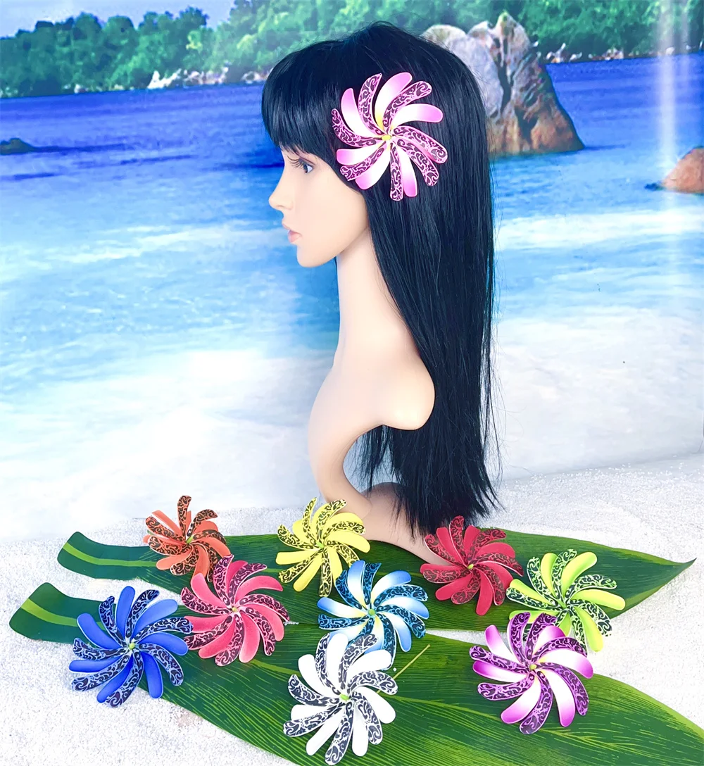 10 szt. Tahitańskie kwiaty z zielonym rdzeniem i łodygą do włosów kwiatowa do włosów szpilki kwiatowe nakrycia głowy akcesoria dla kobiet dziewcząt