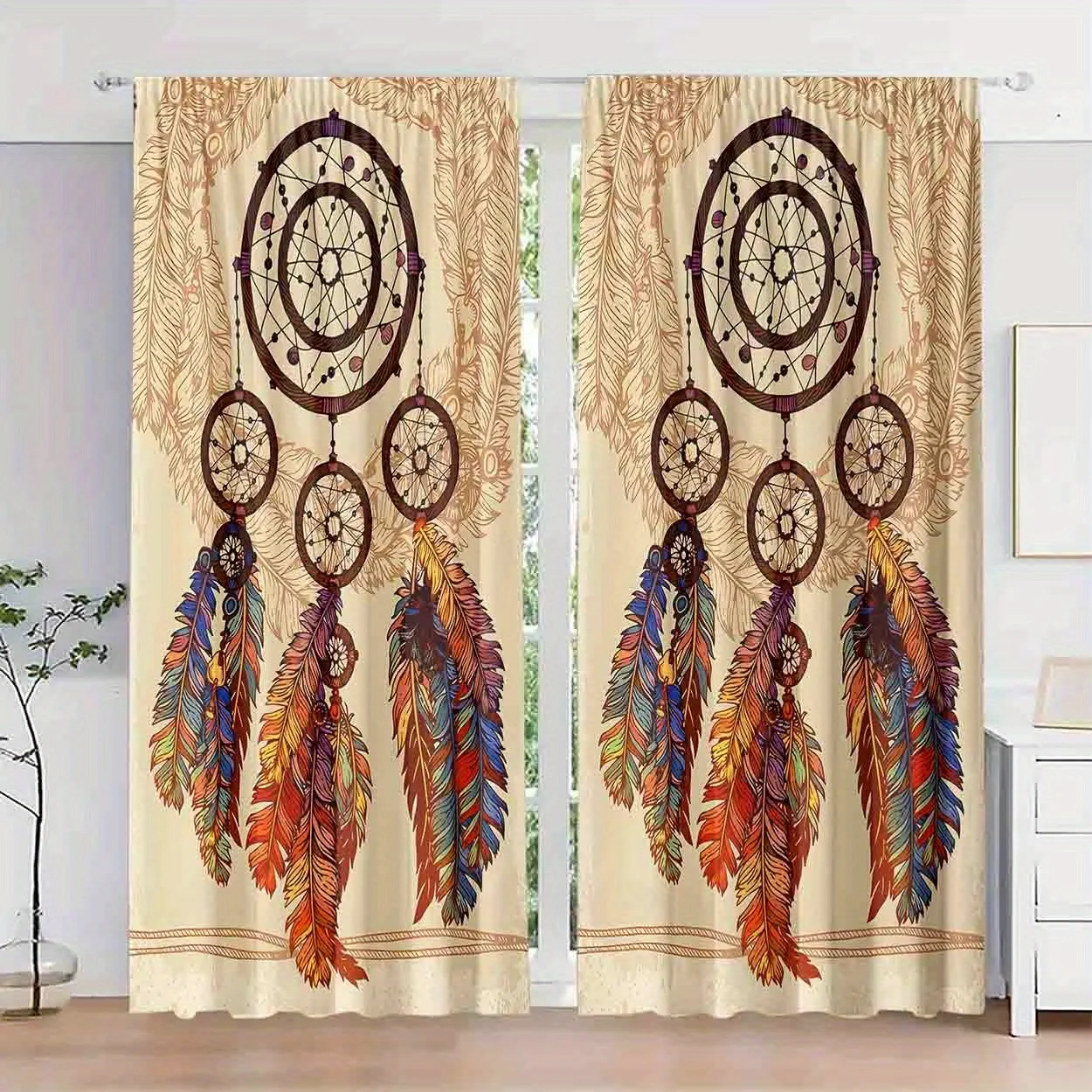 Dreamcatcher Feather Curtains Bohemian Ethnic Drape with Colorful Plumes for Living Room Bedroom Window Decoration