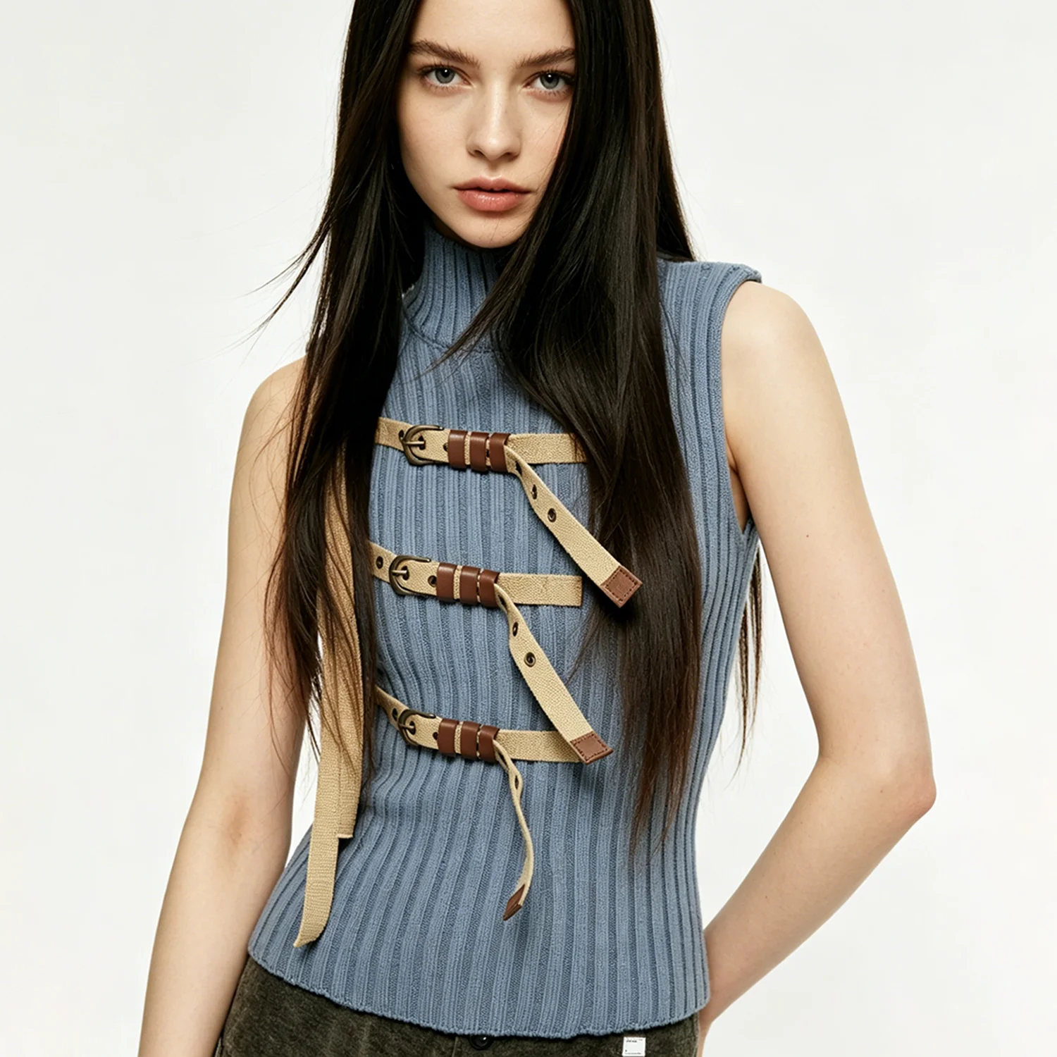

PUAL 2026 New Women Blue/Yellow Knit Sleeveless Turtleneck Top with Buckle Strap Detail, Ribbed Slim Fit Knitwear for any sence