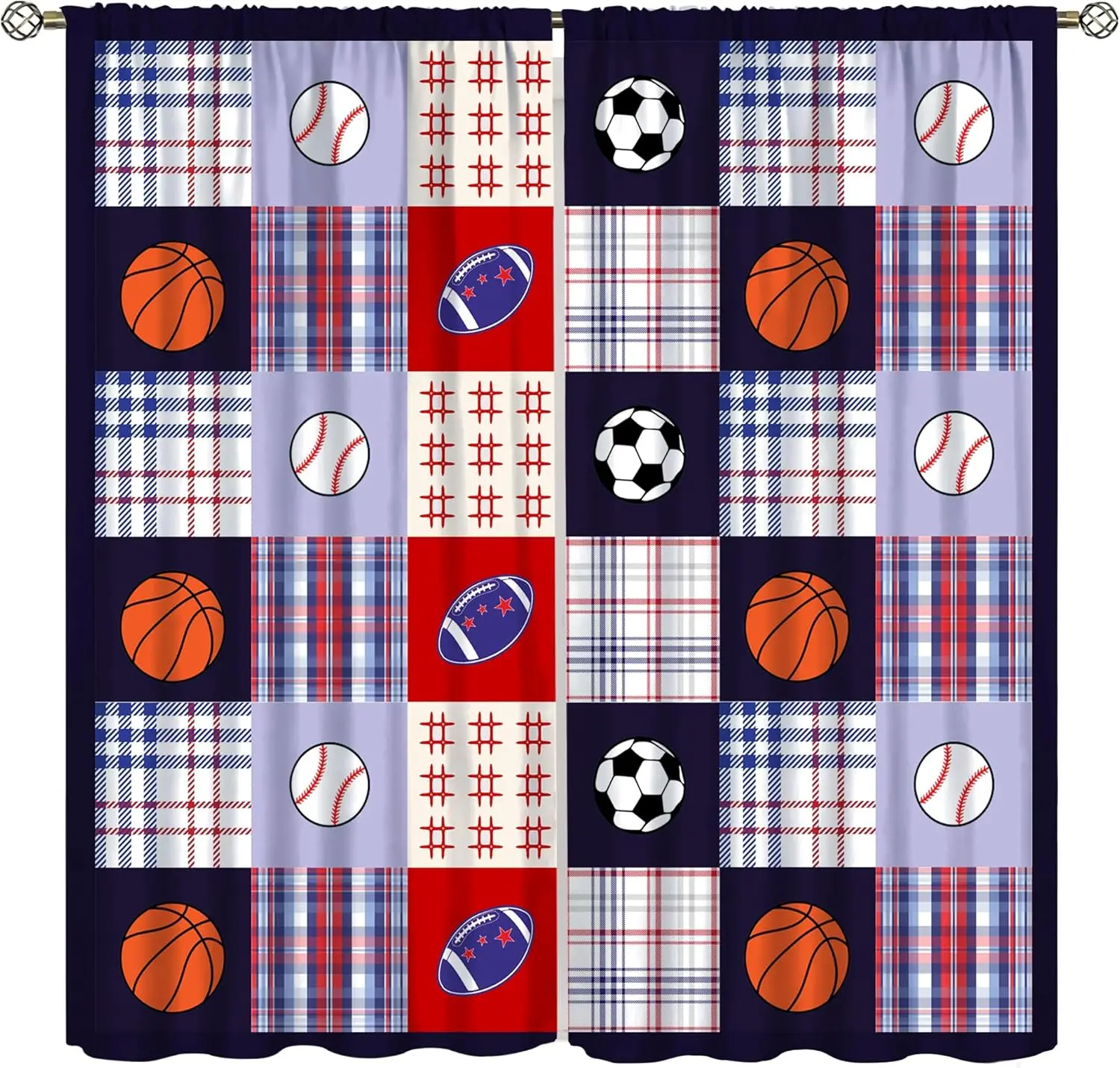 Basketball Curtains for Boys Bedroom Decor,Blue Red Navy Football Soccer Baseball Sports Window Treatment Set Kid Teen Living