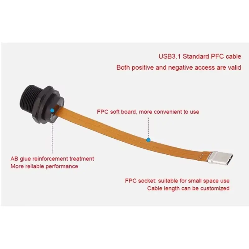Waterproof Type C Female To Male PFC Flat Cable 3.1 Speed Threaded-Type Type-C 3.1 10GB 3A 20V