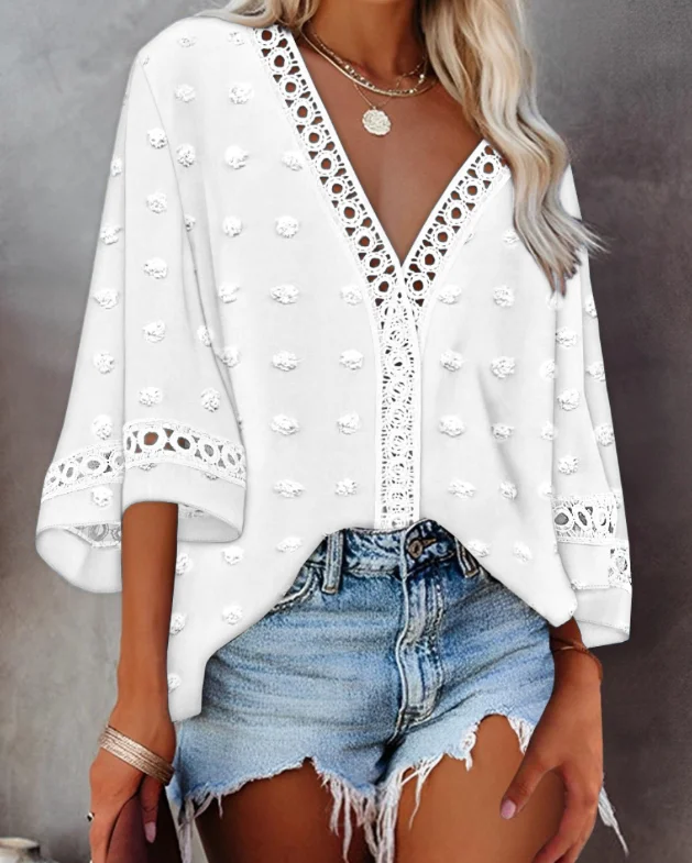 

Spring and Summer Temperament Solid Color V-Neck Hollow Lace Patchwork Shirt for Women Elegant Solid Color Temperament Top