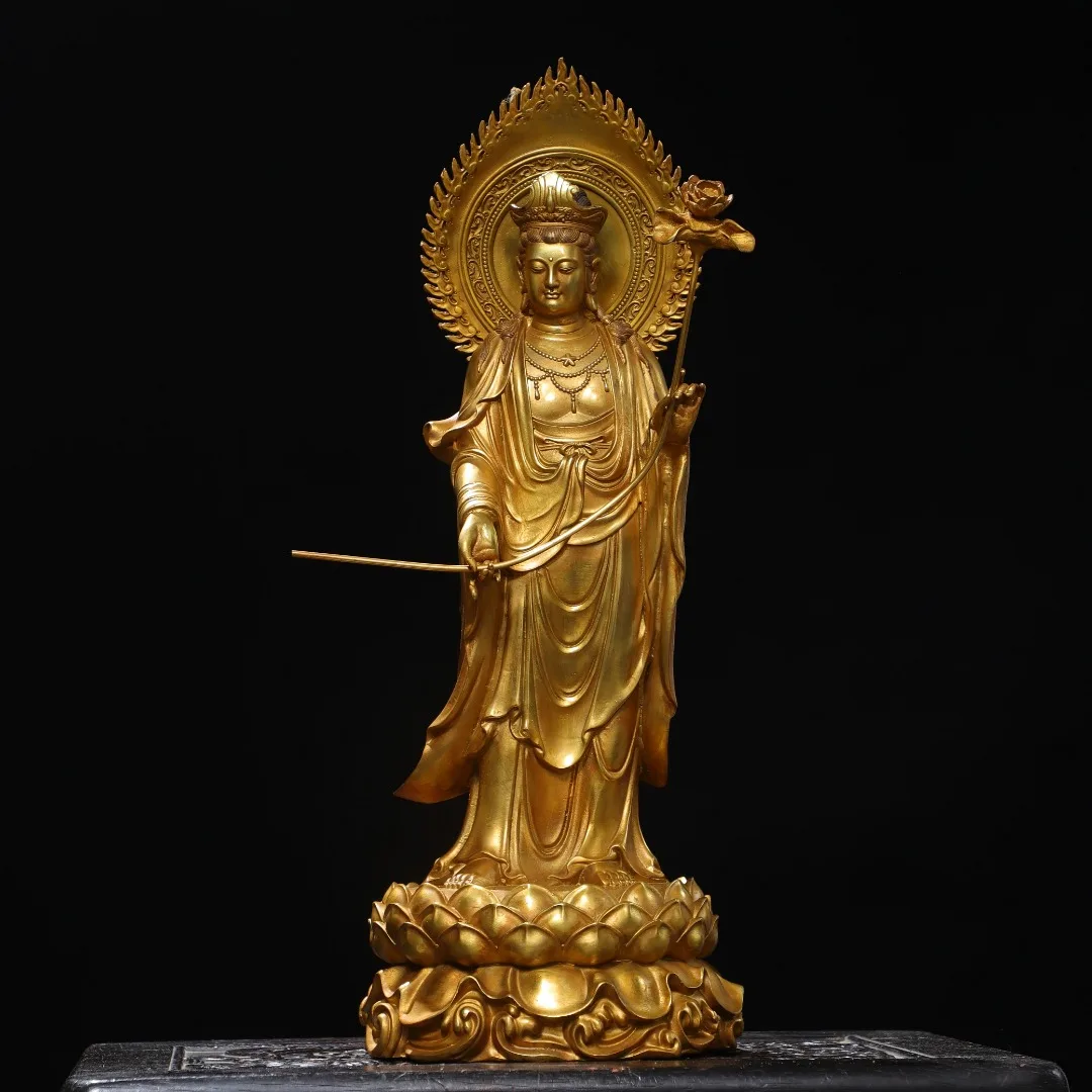 

Old Bronze Gilded High Relief Mahasthamaprapta Bodhisattva Head backlight lotus leaf Standing Buddha Worship Hall