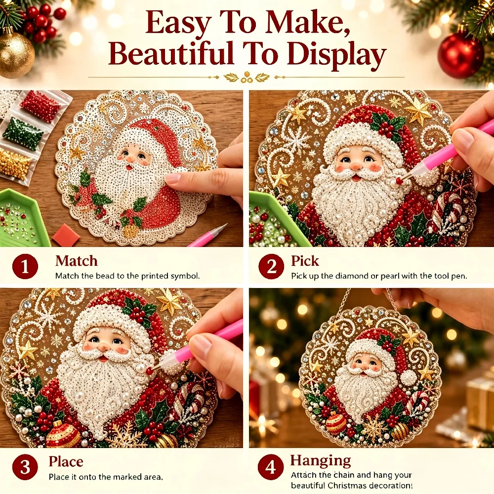 Christmas Pearl Painting Suncatcher Kit Diy Craft Metal Chain 3d Mixed-sized Pearl Beads Craft Festive Window Wall Decor
